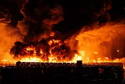 Das Feuer brach auf dem Gelände einer Firma aus, die Kunststoff verarbeitet. - © Guido Kirchner/dpa