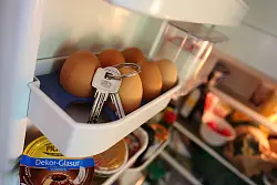 Ein Schl&uuml;sselbund liegt im Eierfach eines K&uuml;hlschranks. - &copy; Karl-Josef Hildenbrand/dpa/dpa-tmn