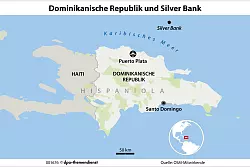 Das flache Unterwasser-Plateau der Silver Bank, rund 75 Seemeilen im Norden der Dominikanischen Republik im karibischen Meer gelegen, ist einer der wenigen Orte auf der Welt, an denen man mit Buckelwalen schnorcheln kann. - &copy; dpa-infografik/dpa-tmn