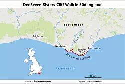 Der Seven-Sisters-Cliff-Walk führt zwischen Seaford und Eastbourne an beeindruckenden Küstenabschnitten, Leuchttürmen und Stränden entlang. - © dpa-infografik/dpa-tmn