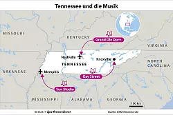 Nashville mit der berühmten Country-Bühne Grand Ole Opry trägt den Spitznamen Music City – doch auch in Memphis, wo Elvis Presley in den Studios von Sun Records seine ersten Schallplatten aufnahm, und in Knoxville mit alten Theatern auf der Gay Street lebt die Musik. - © dpa-infografik/dpa-tmn