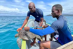 Mitarbeiter des Schildkrötenschutzprojekts Tato im Süden São Tomés vor der Insel Rolas. - © Manuel Meyer/dpa-tmn