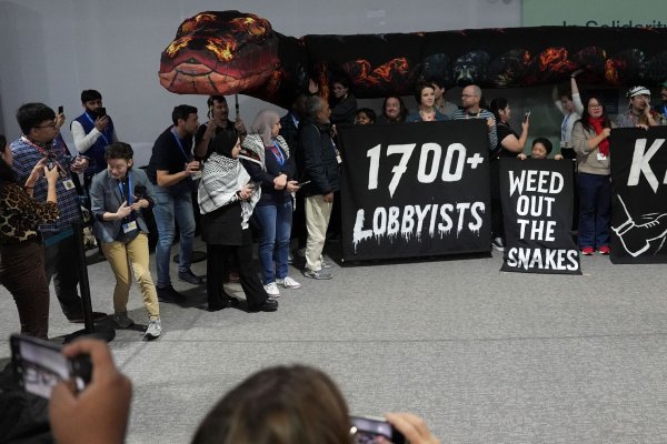 Lobbyisten als böse Schlange: Aktion von Klimaaktivisten auf der COP29. - © Joshua A. Bickel/AP/dpa