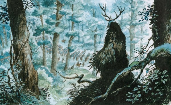 Im dichten Wald: Hermanns Späher beobachtet Varus’ Legionen. „Es ist an der Zeit, den riesigen Kopf der römischen Schlange abzuschlagen und unsere Freiheit wiederzugewinnen", spornt der Cherusker seine Mannen zum Kampf an. - © Enrico Marini/Carlsen