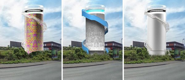 Die drei möglichen Varianten des geplanten Turms bei Tag, eine Nachtansicht kann in der Bildergalerie betrachtet werden. - © Privat