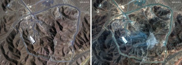 Auf einer Satellitenaufnahme der Atomanlage Fordo sind (rechts) die vermutlichen Einschlaglöcher der US-Bomben zu erkennen. - © Uncredited/Maxar Technologies via AP/dpa