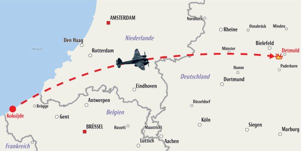Dies wäre der direkte Kurs des Fluges von Mitchell und Hatsell, als sie am 17.März 1945 vom gerade erst bezogenen Stützpunkt im belgischen Koksijde starteten. Genau lässt sich der verlauf der Mission aber nicht mehr nachvollziehen. - © Grafik: Oliver Wendtland