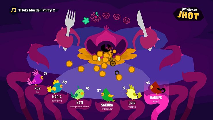 Der Rhythmus, wo ich immer mit muss: Hier versuchen wir, mit korrekt getroffenen Noten der gefräßigen, fleischfressenden Pflanze zu entgehen. Unbedingt "durchgängiges Schreien" ausprobieren! - © Jackbox Games