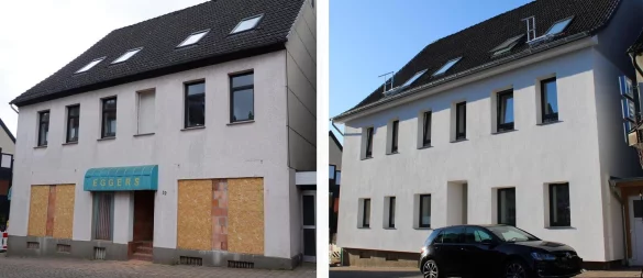Das Gebäude Mittelstraße 32 vor und nach dem Umbau. Vorher befand sich im Erdgeschoss ein Ladenlokal, genauso wie es der Bebauungsplan einst vorsah. - © Fotos: Lorraine Brinkmann