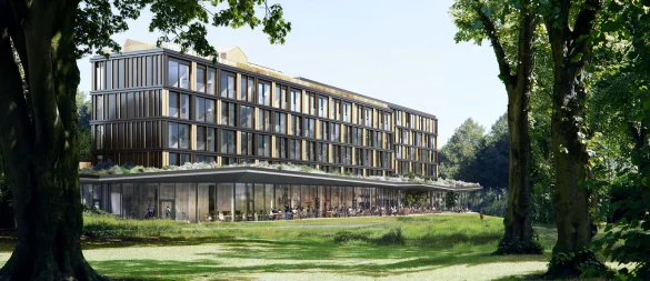 So soll das neue Thermenhotel zur Seite des Landschaftsgartens hin aussehen. Die Eröffnung ist für Frühjahr 2027 geplant. - © Kannewischer Collection