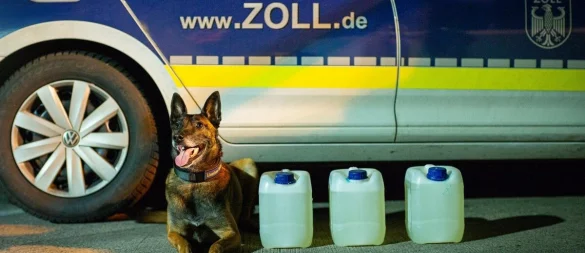 Zollhündin Lieschen Müller erschnüffelte in 2024 unter anderem 15 Liter flüssiges Amphetamin in einem Reisebus. - © Hauptzollamt Bielefeld
