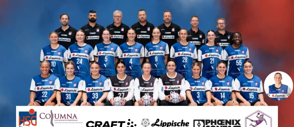 Die HSG mit (hinten von links) Mannschaftsarzt Dr. Christian Colcuc, Physiotherapeuth Schaho Aziz, Torwarttrainer Ronny Krüger, Mannschaftsbetreuer Oliver Lippert, Geschäftsführer Jan-Henning Himborn, Neuro-Athletiktrainer Jörg Michalewicz und Cheftrainer Steffen Birkner, (Mitte von links) Maxi Mühlner, Marie Michal?czik, Amber Verbraeken, Andrea Jacobsen, Nieke Kühne, Malin Sandberg, Nuria Bucher, Farrelle Njinkeu sowie (vorne von links) Judith Tietjen, Alexia Hauf, Elin Rosa Magnusdottir, Lara Lepschi, Melanie Veith, Nicole Roth, Laura Rüffieux, Ona Vegué, Carolin Jaron, Díana Dögg Magnusdottir. - © Timon Peters/HSG Blomberg-Lippe