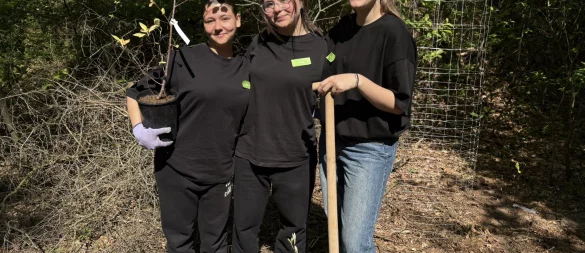 Emilie Losowoj (von links), Luana Eraifej und Elina Friesen pflanzen ihren nächsten Baum im Zukunftswald der GNS in Augustdorf. - © Jan Schillmann