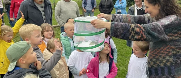 Begeistert schauen sich Kinder und Großeltern die Schmetterlinge in ihrer Voliere an. - © Fotorechte: Kita Wichtelnest