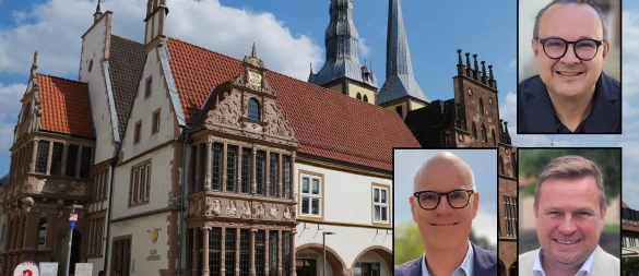Wer schafft es ins Rathaus? Dr. Burkhard Pohl (Grüne) und Alexander Baer (SPD) fordern Amtsinhaber Markus Baier (parteilos) heraus. - © Alte Hansestadt Lemgo, Katrin Kantelberg, Montage: Anja Friebe