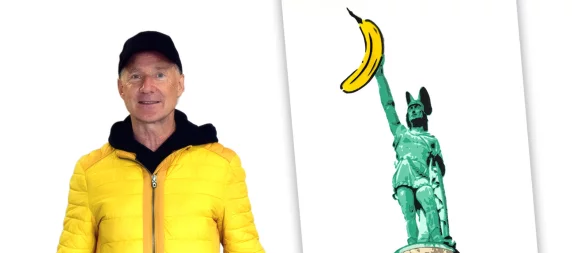Thomas Baumgärtel hat auch dem Hermannsdenkmal seine berühmte Banane verpasst. - © Mache Stiftung / Montage: Daniel Bobe