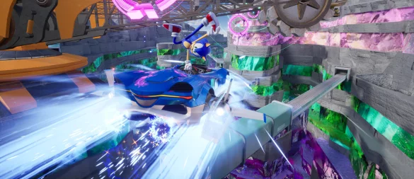 Sonic in Aktion: Der blaue Igel rast in "Sonic Racing: CrossWorlds" durch eine bunte Dimension voller Herausforderungen. - © Sega