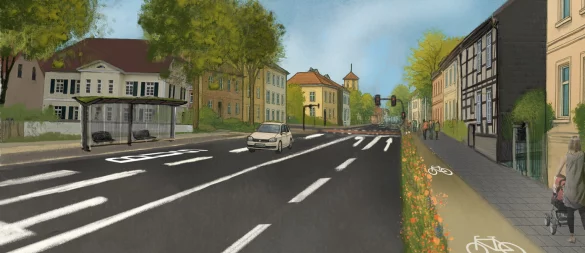 Die Hornsche Straße soll auf dem Abschnitt zwischen "Neustadt" und Leopoldstraße (hinten links) künftig vierspurig sein. Links ist eine neue Bishaltestelle zu sehen, rechts der Rad- und der Gehweg. - © Stadt Detmold