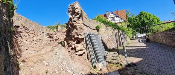 Nach der Freilegung sieht man erst mal, was für ein mächtiges Bauwerk die Burgmauer ist. Doch noch ist unklar, wie es weitergehen soll. - © Marianne Schwarzer