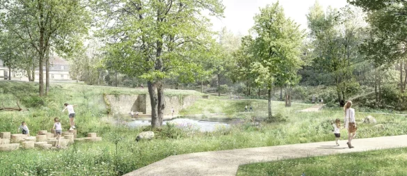 Diese Skizze zeigt den Blick von der mittleren Terrasse des neuen "Lust-Parks" in Richtung Krummes Haus. - © Stadt Detmold/Planorama