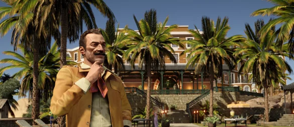 Ein Hauch von Nostalgie: Der berühmte und beste Detektiv der Welt, Hercule Poirot, genießt in „Agatha Christie: Tod auf dem Nil“ die luxuriöse Kulisse einer Villa in den 1970er Jahren. - © Microids