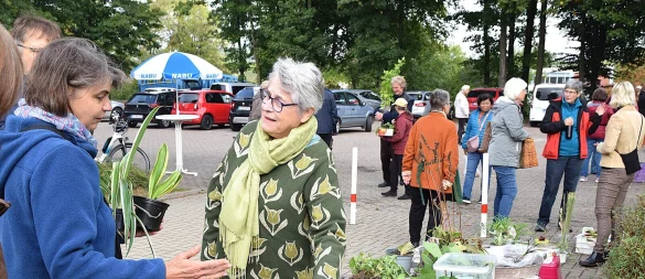 Elisabeth Schmelz (2. von links) erläutert einer interessierten Besucherin, wie die Pflanzen und Pflänzchen, die auf dem Tisch präsentiert werden, behandelt werden sollten.
Fotos: Karin Prignitz - © kprignitz