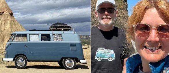 Ein Jahr lang waren Melanie und Thorsten Elberg aus Gütersloh mit ihrem hellblauen VW-Bulli in Kanada, den USA und Europa unterwegs. 50.000 Kilometer legten sie zurück. - © Elberg