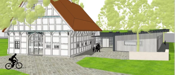 So sollen sich das "Haus" und der eingeschossige Kita-Anbau (rechts) künftig von der Max-Planck-Straße aus präsentieren. - © "b44 architekten"