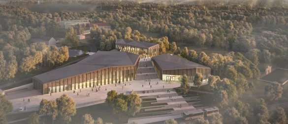Das neue Eingangs- und Ausstellungsgebäude hat drei Baukörper, die aus dem Boden emporragen. Tatsächlich sind diese unterirdisch aber miteinander verbunden. - © LWL/AVP Group