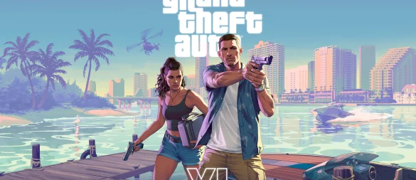 Lucia und Jason, das kriminelle Duo von „GTA VI“, vor der beeindruckenden Kulisse von Vice City. - © Rockstar Games