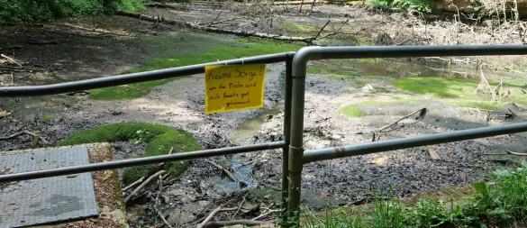 Keine Sorge. Um die Fische wird sich bereits gut gekümmert – Mit diesem Hinweisschild möchte Ann-Kristin Beinhorn von der Wasserschildkrötenarche Bielefeld besorgte Bürgerinnen und Bürger beruhigen. - © Martin Düsterberg
