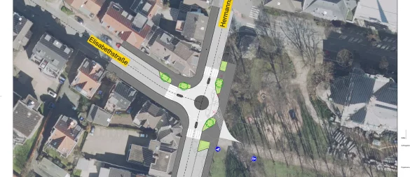 Der Bau des geplanten Kreisverkehrs an der Ecke Hermannstraße/Elisabethstraße verzögert sich. Die Stadt wartet noch auf Fördermittel. - © Grafik: Stadt Detmold