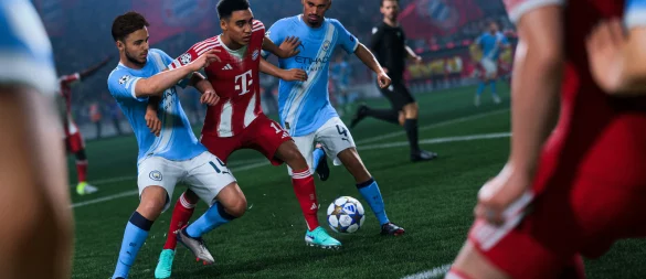 Fast wie im echten Leben: Jamal Musiala vom FC Bayern setzt sich bei "EA Sports FC 26" gegen zwei Verteidiger von Manchester City durch. - © EA Sports