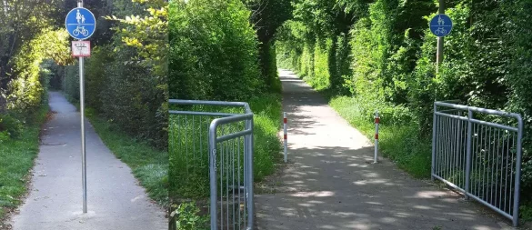 Das Rad/Gehweg-Schild an der Buttergasse (links) führte früher zu gefährlichen Situationen und ist jetzt durch seitlich platzierte Poller ersetzt (rechts). - © Wilhelm Grabbe/ADFC Lippe