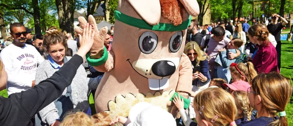 Maskottchen "Hermi" motiviert beim Hermi-Lauf mit "High Fives". Die Nachwuchsförderung im Sport ist in Detmold breit aufgestellt. - © Archivfoto: Nicole Ellerbrake