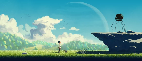 Lana und ihr Begleiter Mui stehen einem mysteriösen Maschinenwesen gegenüber. - © Wishfully