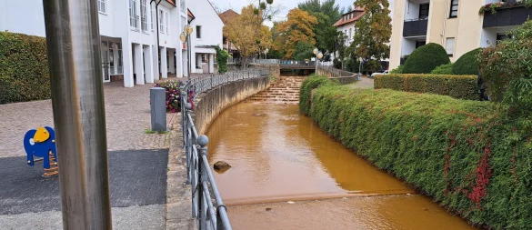 Die Salze trägt in Höhe der Millau-Promenade (im Hintergrund befindet sich auf dem Grund übrigens eine Fischtreppe) rostbraunes Wasser. Dieser Zustand dauerte einige Tage lang an. - © Andreas Schildmann