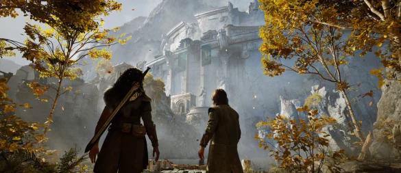 Ryn und ihr Begleiter erkunden die mystische Landschaft von „Echoes of the End“, die von der isländischen Natur inspiriert ist. - © Myrkur Games