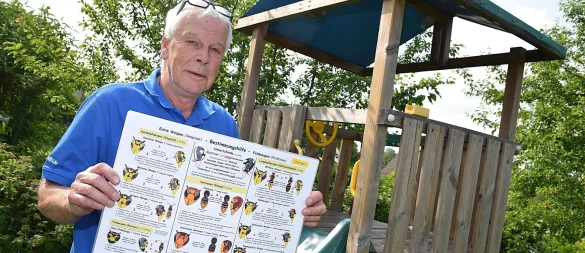 Volker Fillies vom Naturschutzbund hat eine Übersicht verschiedener Wespenarten mitgebracht. Bei der im Kinderspielturm handelt es sich um eine "Mittlere Wespe". - © Karin Prignitz