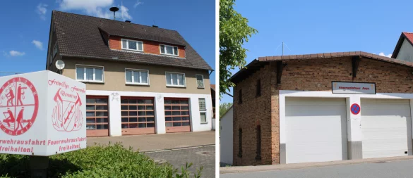 Die beiden Gerätehäuser in Humfeld (links) und Bega sind stark sanierungsbedürftig. Beide Wehren sollen künftig unter einem Dach zusammenrücken. - © Fotos: Lorraine Brinkmann/Montage: Oliver Wendtland