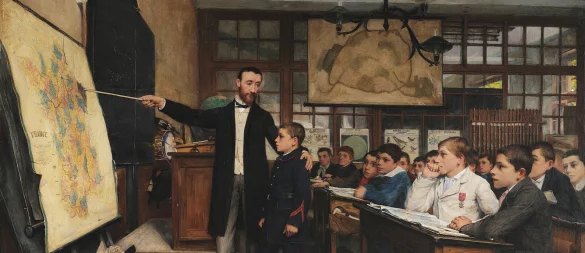 Frankreich sinnt auf Rache: Während in Lippe das Hermmansdenkmal eingeweiht wird und der nationale Triumph über Frankreich im Deutsch-Französischen Krieg gefeiert wird, bildet sich in der geschlagenen Grande Nation ein ausgesprochener Revanchismus aus, symbolisiert in dem Bild "Die Geographie-Stunde" aus dem Jahr 1887 des französischen Malers Albert Bettannier. Der Lehrer zeigt auf die verlorenengeangenen Provinzen Elsass und Lothringen, die einen schwarzen Fleck auf der Landkarte bilden. Sie sollen zurückgeholt werden – der nächste Akt in der "Erbfeindschaft", umgesetzt 1914-1918. - © Wikimedia
