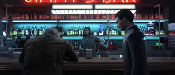 Connor (r.) ist ein Android-Spezialermittler, der andere Maschinen jagt, die von ihrer Programmierung abweichen. - © Quantic Dream