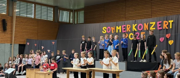 Das selbst zusammengestellte Orchester der Grundschule Hardissen beim Sommerkonzert. Mit Plastikrohren, Glockensounds und "Tisch-Geklopfe" spielen die Kinder "Memories" von Maroon Five. - © Jan Schillmann