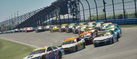 Packende Rennaction bei NASCAR 25: Die neonfarbenen Boliden liefern sich ein spannendes Kopf-an-Kopf-Rennen auf der Strecke. - © iRacing
