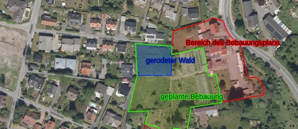 Für das rot markierte Gebiet zwischen Paul-Nipkow-Weg (oben links), Hiddeser Straße (rechts) und Heidebachstraße (unten) soll ein Bebauungsplan erstellt werden, damit auf den Freiflächen und anstelle einiger alter Gewächshauser der Gärtnerei Leßmann 14 Einfamilienhäuser gebaut werden können. - © Geodaten NRW/TIM-Online