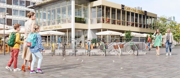 Die Visualisierung der zukünftigen "Café & Bar Celona" am Jahnplatz gilt noch als Entwurf: Die finalen Farben und Materialien der neuen Fassade werden noch abgestimmt. - © Visualisierung: Celona GmbH