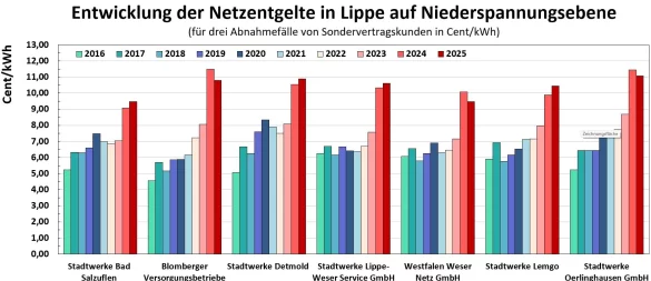 Die Entwicklung der Netzentgelte auf Niederspannungebene. - © Grafik: IHK Lippe