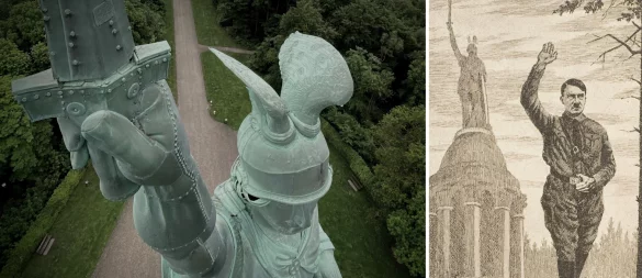 Das Hermannsdenkmal, ein umkämpftes Symbol: Links die monumentale Statue auf der Grotenburg, rechts eine historische Darstellung mit politischer Vereinnahmung. - © Nicole Ellerbrake/Lippisches Landesmuseum