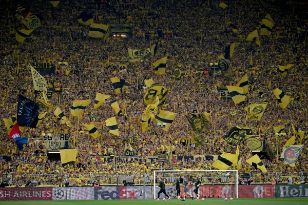 Fans von Borussia Dortmund schwenken BVB-Fahnen. - © Bernd Thissen/dpa