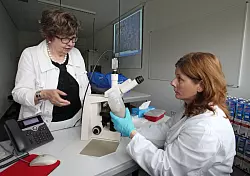 Blick fürs unappetitliche Detail: Prof. Dr. Ute Austermann Haun (links) reicht ihrer Mitarbeiterin Dipl.-Ing. Heike Witte eine Probe Blähschlamm aus einer Kläranlage, um sie unter dem Mikroskop zu untersuchen. - © Preuss